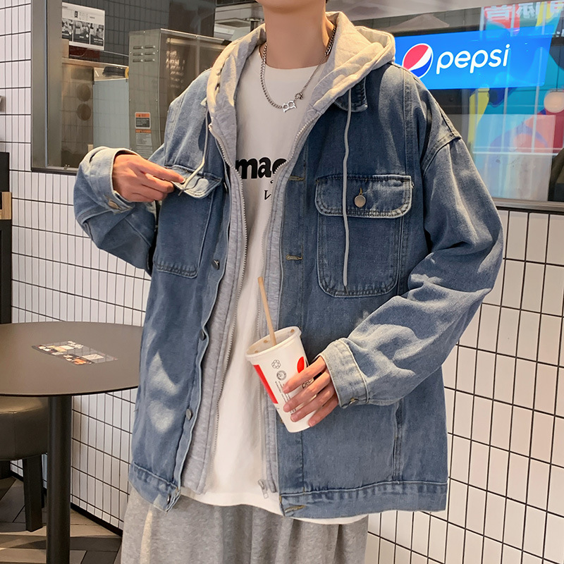 Primavera y otoño Denim abrigo de los hombres de estilo coreano de moda cremallera con capucha superior japonés estilo de Hong Kong moda falsa chaqueta con capucha de dos piezas