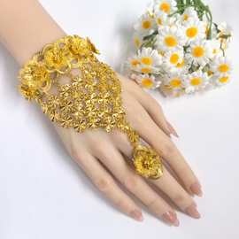 迪拜镀24金大手镯戒指一体手背链非洲中东女婚礼新娘珠宝饰品配饰