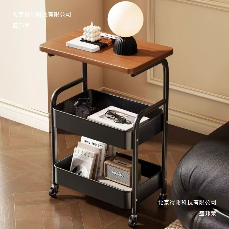 Movable Double-Layer Coffee Table Trolley Side Table Living Room Sofa Storage Wheeled Tea Table Bedroom Storage Rack Small Table