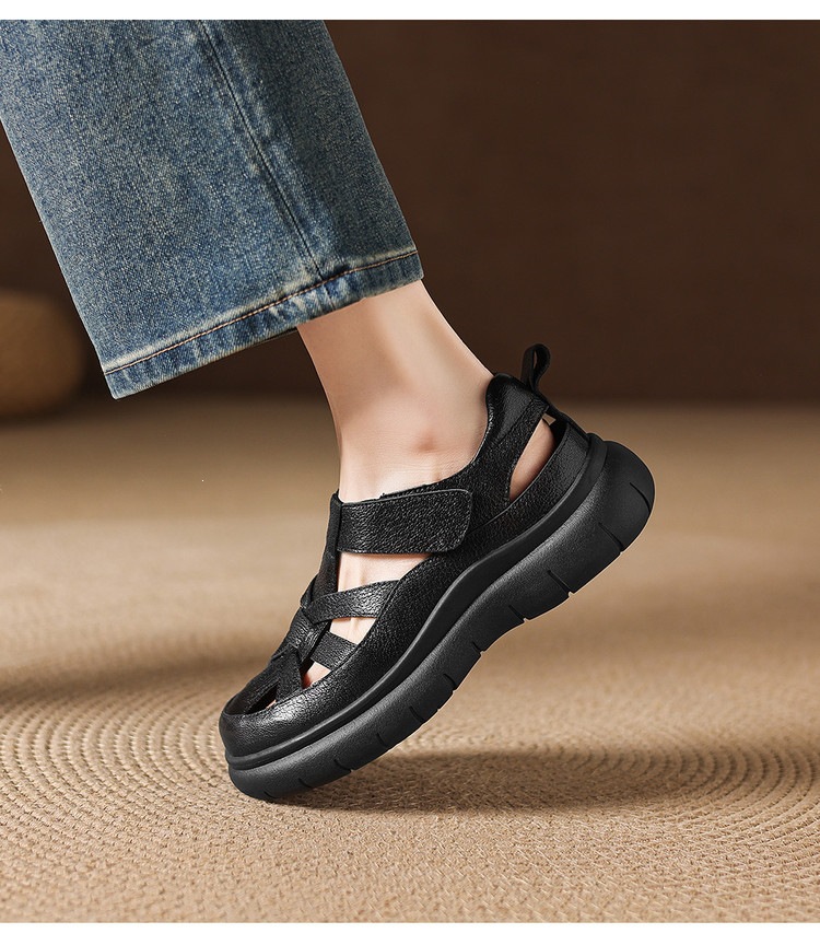 Sandal nữ đế dày da cừu phối quai ngang phong cách học đường — màu đen, màu trắng ngà chi tiết 11