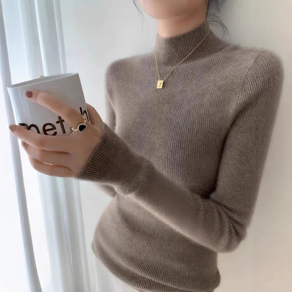Women's Cashmere Knitwear, Classic Half-High Collar Cashmere Sweater, Slim Fit, Thin Knit Top, Base Layer
