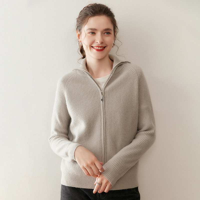 Autumn and Winter New Thickened Warm Ingot Needle Zipper Lapel Cardigan Cashmere Sweater Women's Casual Versatile Long-Sleeved Jacket