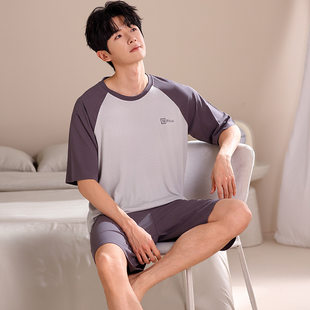 Summer thin pijama, shorts, set, men's style, with short sleeve, for teenagers, for students