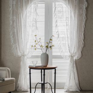 Yiman Qiyun Retro Transparent Lace Gauze Curtain Ruffled Balcony Bay Window White Sand Partition Wave Pastoral Curtain