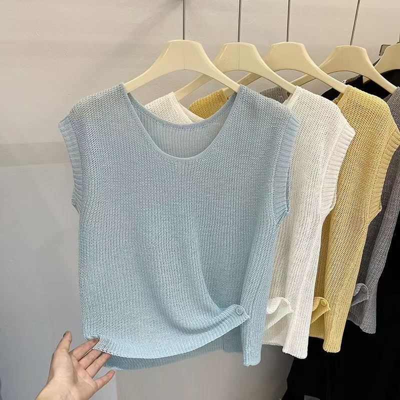 Dropshipping Spring and Summer New Style Women's Sleeveless Korean-Style Knitted Top Round Neck Vest Stylish Thin Top