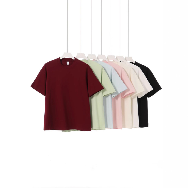 Solid Color 240g Mercerized Cotton Small-Neck Short-Sleeved T-Shirt for Men, Summer Cool and Breathable Elastic Half-Sleeved Top for Women