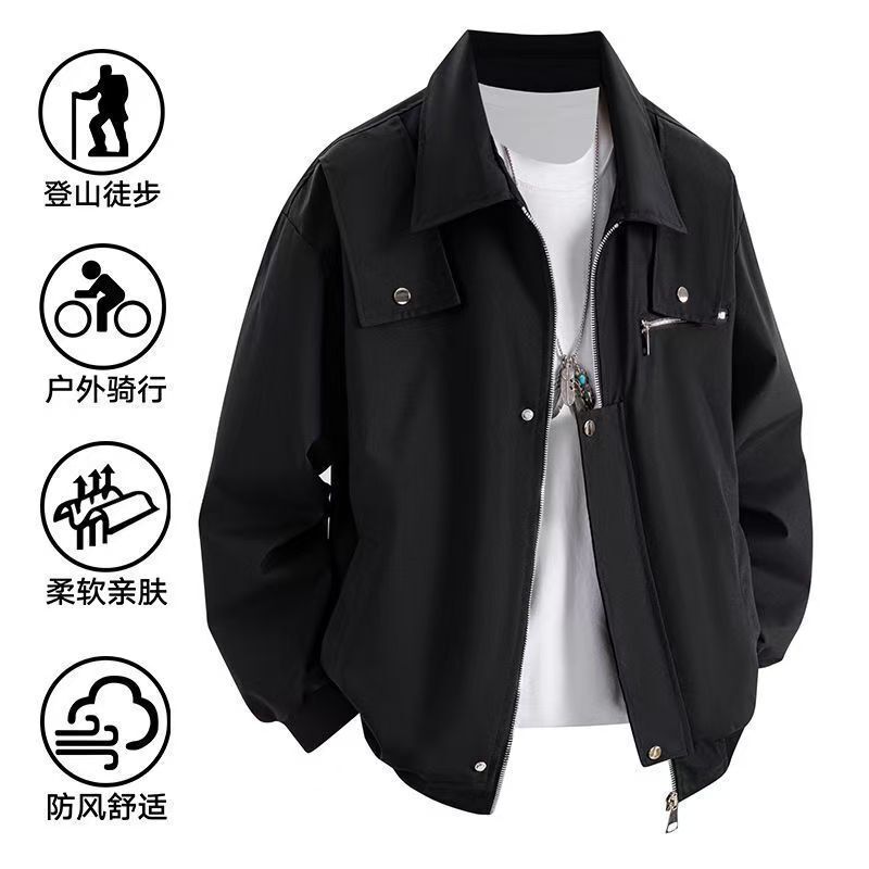 American High Street Versatile Lapel Pilot Men's Jacket Spring and Autumn New Solid Color Casual Loose Workwear