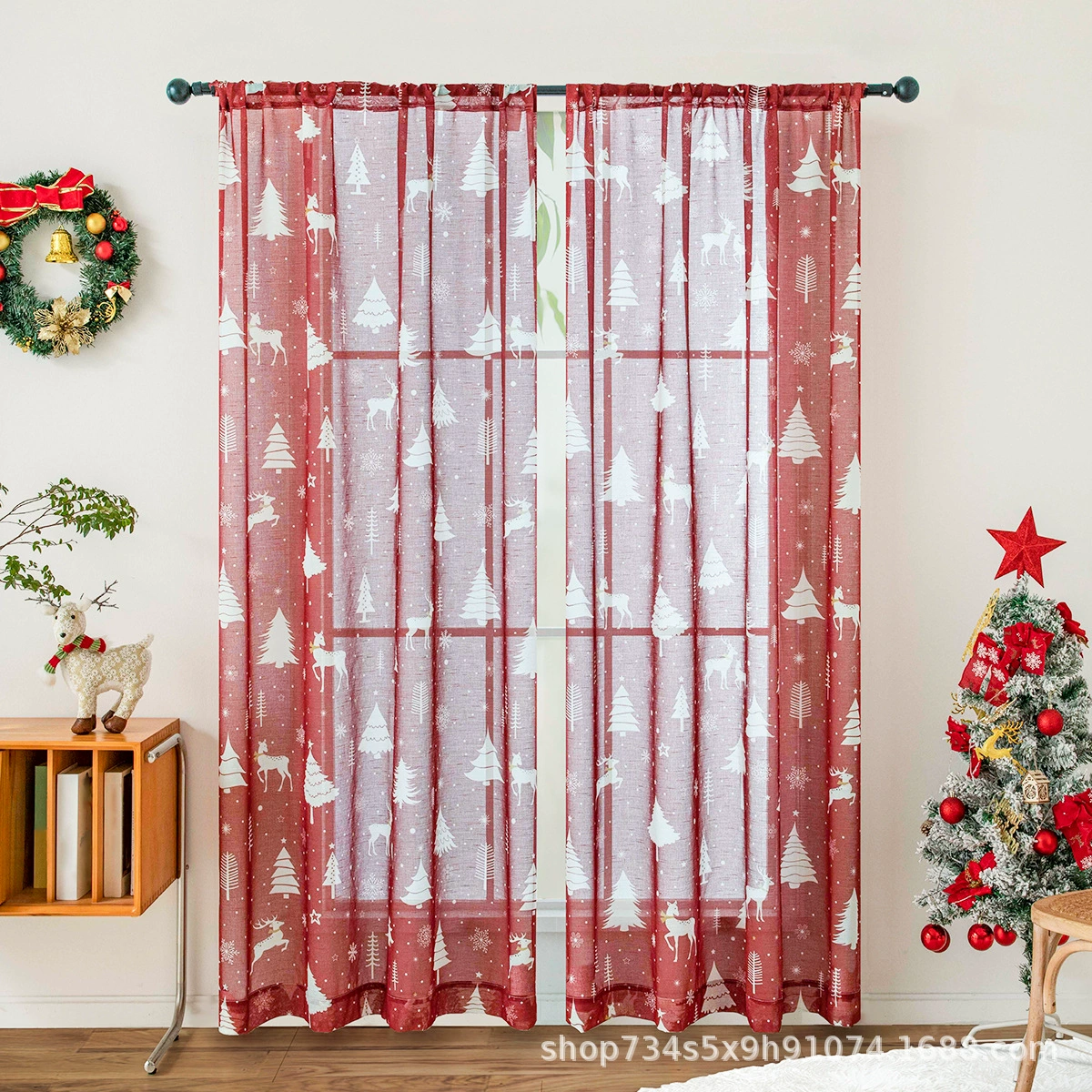 Cross-border exclusive Christmas sheer curtain with printed red Christmas curtain for living room and bedroom, hanging on rod