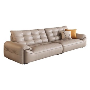 Italian Minimalist Cloud Leather Sofa, Antique Style Living Room, Small Apartment, Straight Row Three-Seater, First-Layer Cowhide