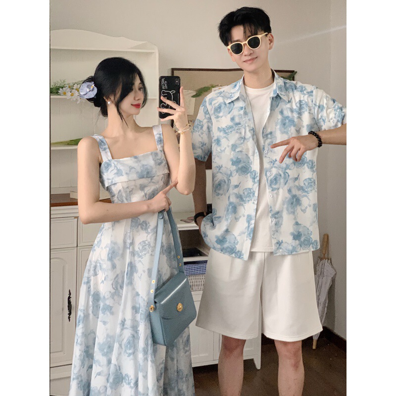 2024 Summer Couple Dress Women's Rose Beach Dress Slim-fit Elegant Dress Men's Floral Shirt