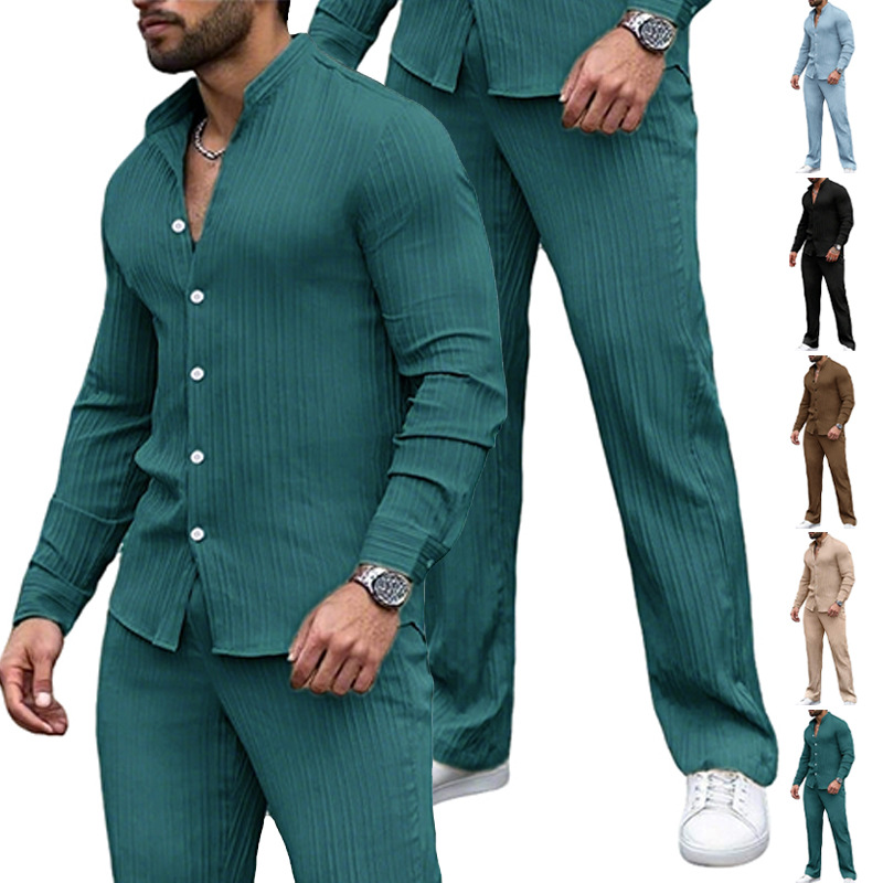 Transfronterizo Amazon nueva primavera y otoño delgada camisa de manga larga de color sólido sin cuello para hombre juego de dos piezas deportivas casuales