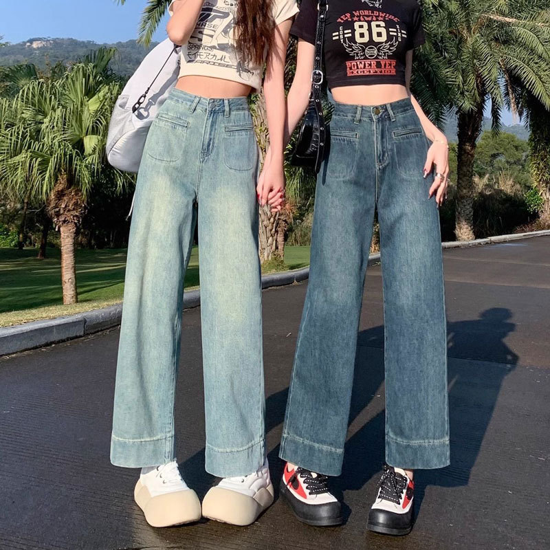 New Plus-Size Cropped Jeans for Women with Front Patch Pocket Design, Straight Retro High-Waisted Loose Wide-Leg Pants for Plus-Size Women