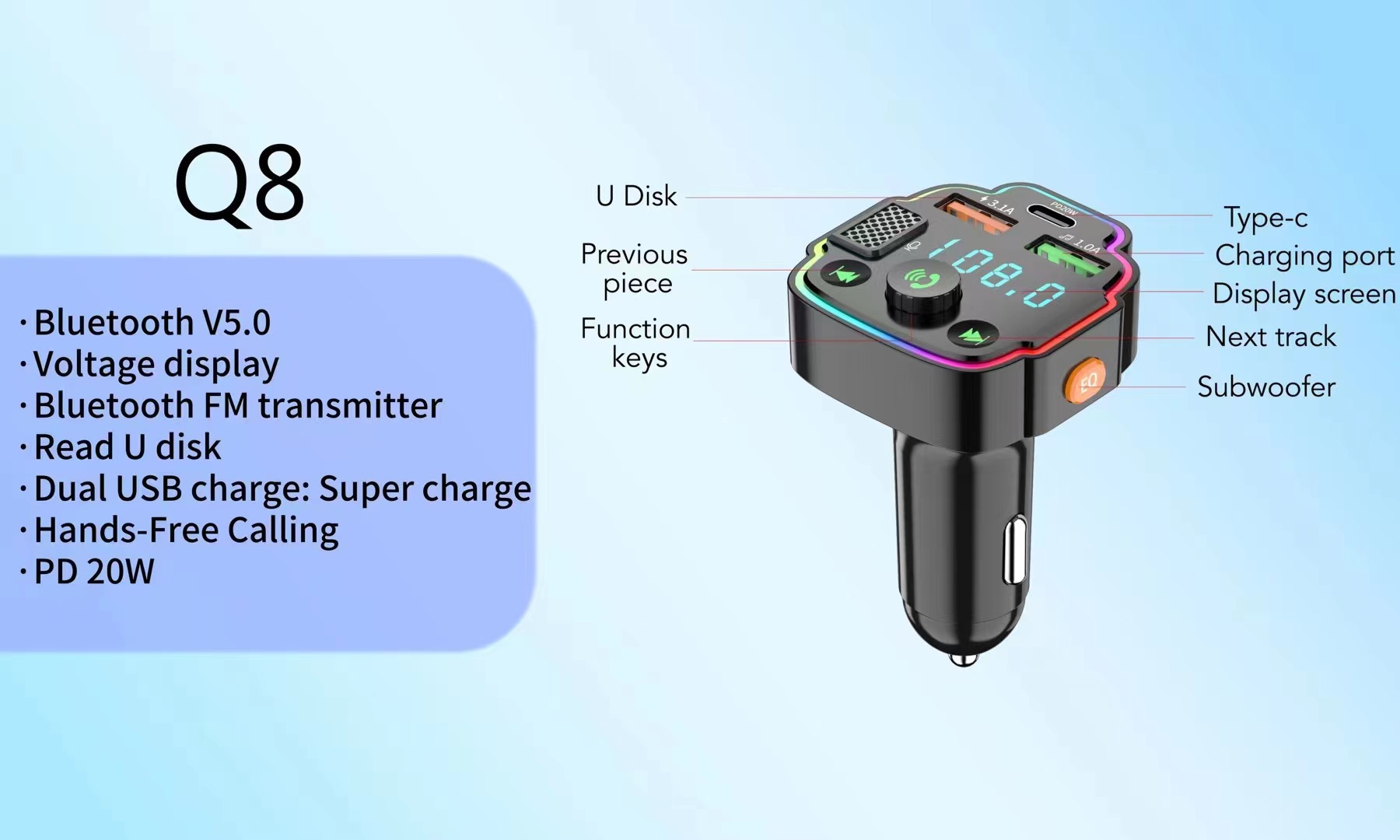 Q8 Car Mp3 Bluetooth Player Card/U Disk Lossless Sound Quality Hands-Free Call Fm Transmitter Car Mp3