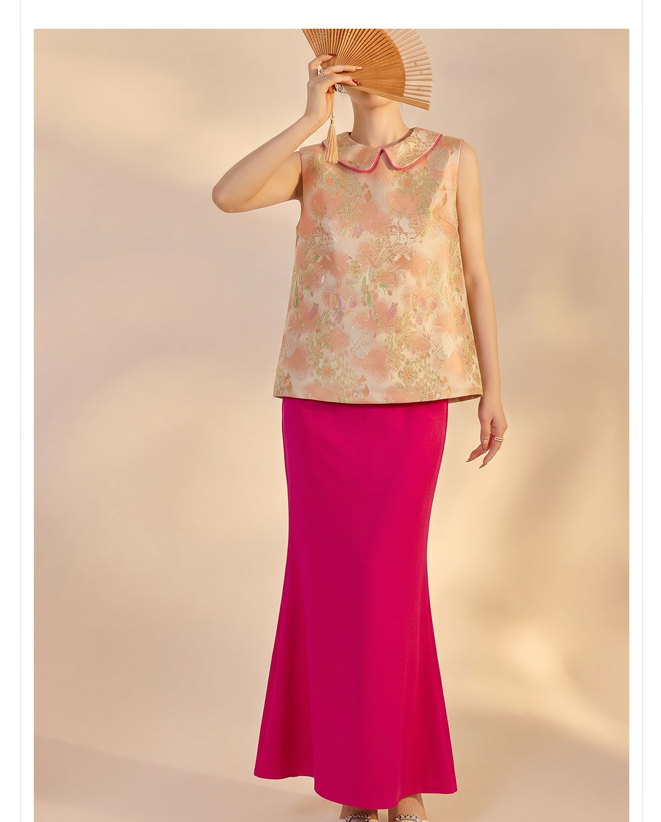 Bộ áo vest gile jacquard + chân váy nữ quốc phong mùa hè 2026 — Áo khoác Carmine, Trang phục [Áo khoác màu hồng+váy đỏ], Màu đỏ nửa váy chi tiết 10