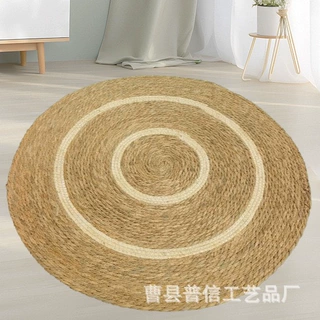 北欧风草编地垫家用圆形卧室床边沙发边蒲草编织垫子酒店民宿地毯
