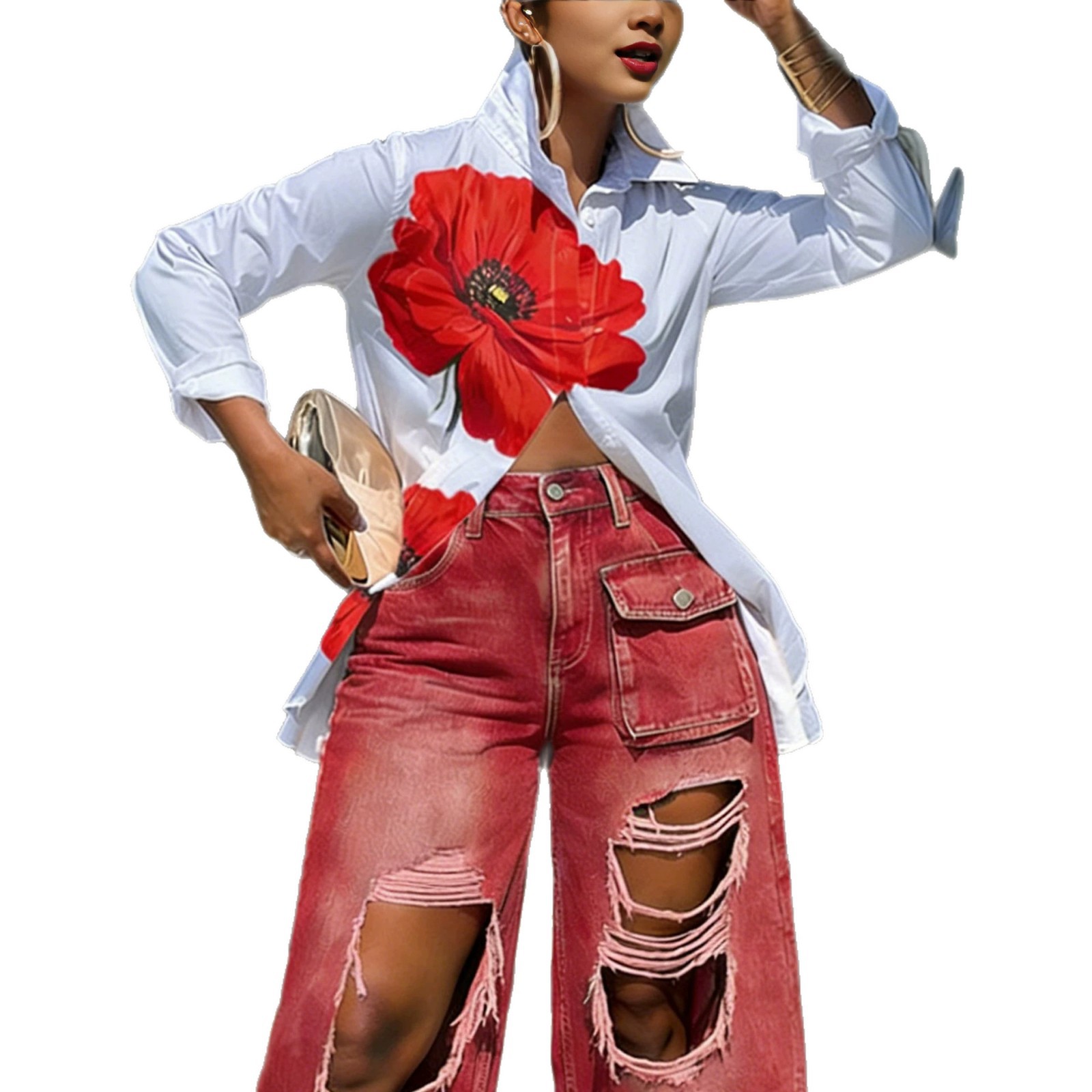 Women's Clothing Spring/Summer Women's Large Red Floral Print Collared Shirt Long Sleeve Loose Fit Mid Length Style Top_ecoleips.com