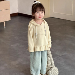 Girls Korean sweatshirts and pants 2025 spring new hooded cute hem curled versatile jeans trousers casual