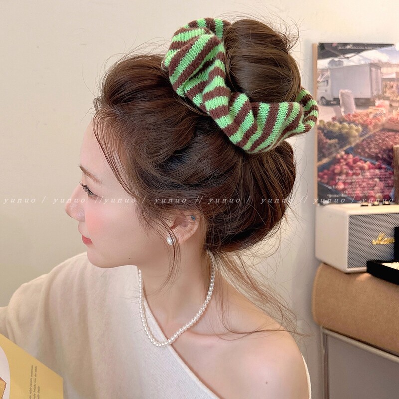 韩系针织撞色条纹大肠发圈女秋冬洋气时尚扎头发绳皮筋高级感头花|undefined