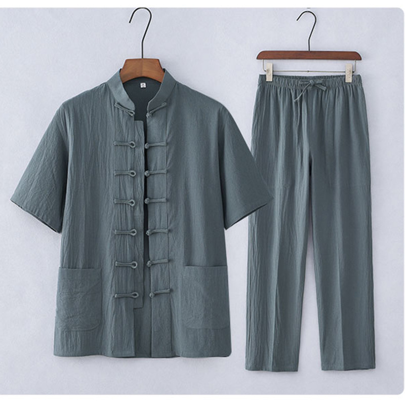 Traje Tang de estilo chino Traje de manga corta de algodón y lino para hombres de mediana edad y ancianos Traje Hanfu casual para hombres retro Traje delgado de verano