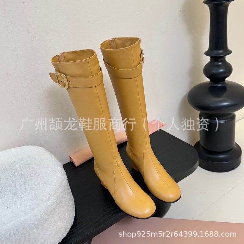 高端2025秋冬真皮圆头复古皮带方扣粗高跟后拉链高筒骑士靴长靴女|undefined