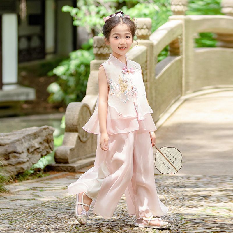 2025 新しい女の子の新しい中国風スーツ夏スーパー妖精国民風刺繍ノースリーブエレガントな漢服子供のツーピースセット|undefined