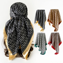 回纹印花丝巾90cm女士新款中东包头巾欧美跨境仿真丝色丁方巾批发