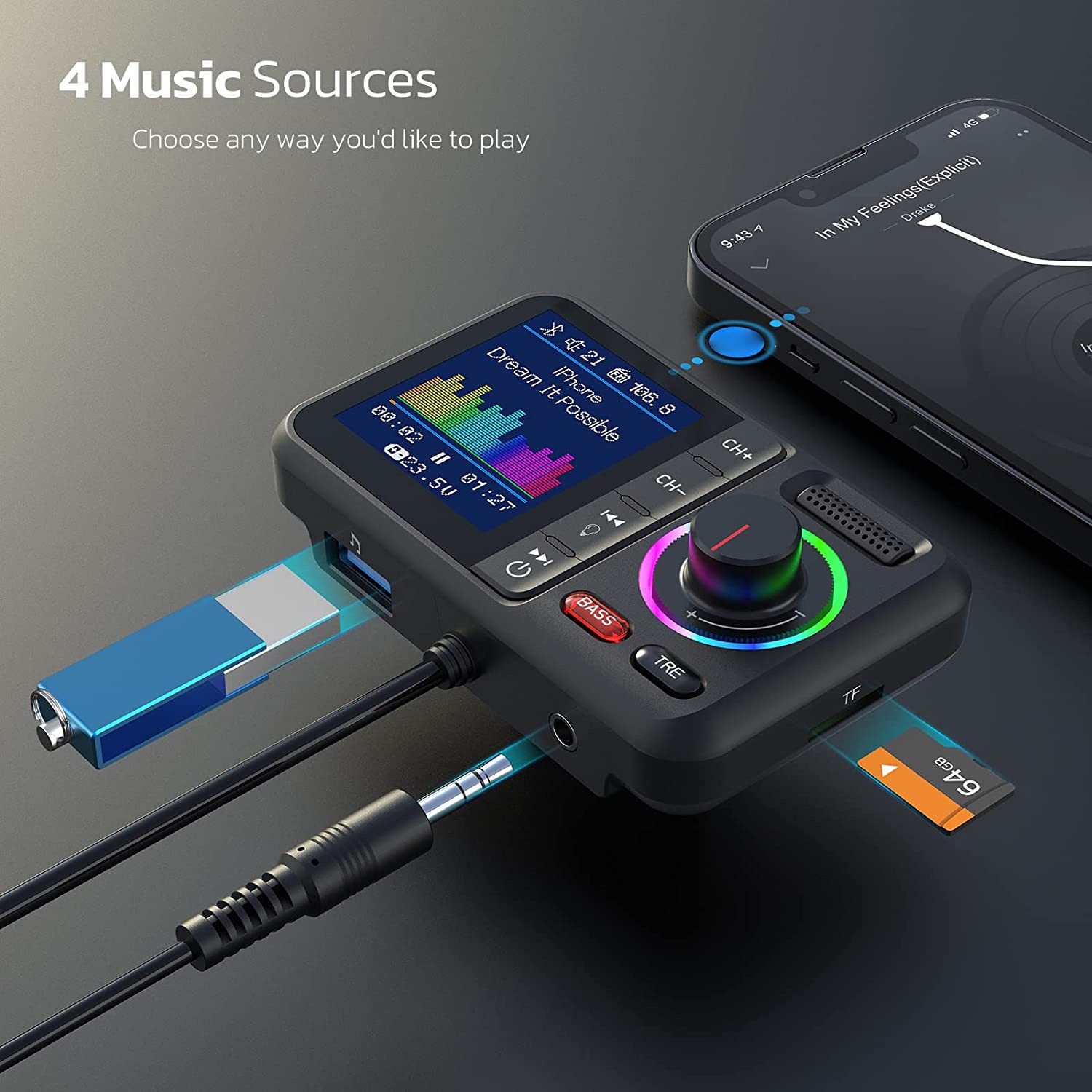 Bt98 New Car Bluetooth Mp3 Player Qc3 Fast Charging Color Screen Ambient Light Fm Transmitter Hands-Free Call Plug-In