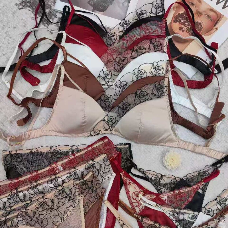 French-Style Triangle Cup Bra, Seamless Satin Lace Trim, Comfortable Wireless Bra, Thin Bra Set
