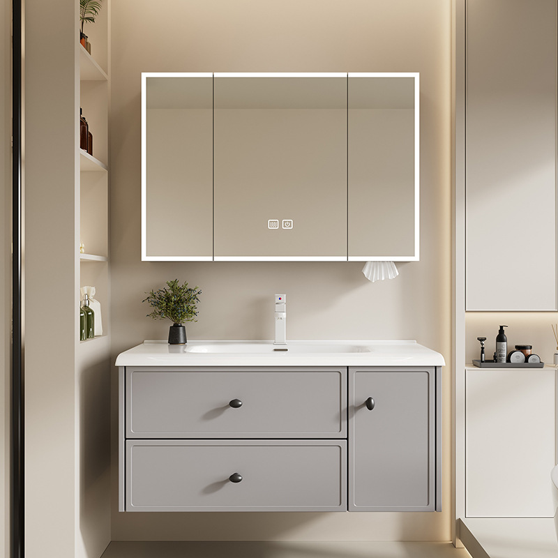 El estilo francés de crema de abeja de acero inoxidable gabinete de baño combinación cerámica integral lavabo
