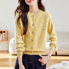 2025春秋季设计感复古菱格提花高级感毛衣外套钉珠上衣针织开衫女