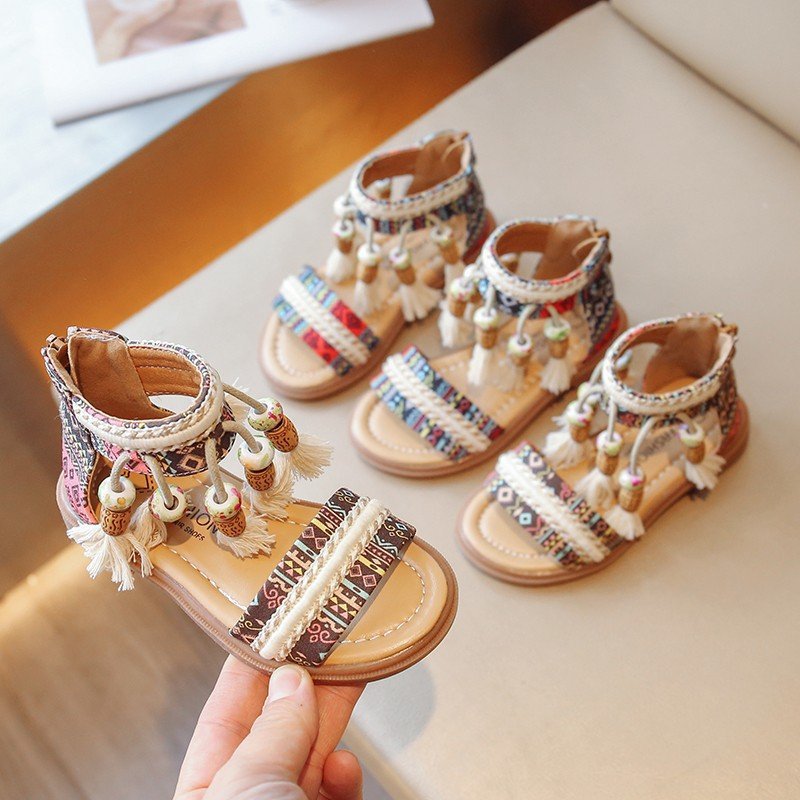 Girls' Ethnic Style Cool Sandals, Trendy Vacation Shoes for Little Girls, Roman Sandals - 2024 Summer New Children's Beach Sandals