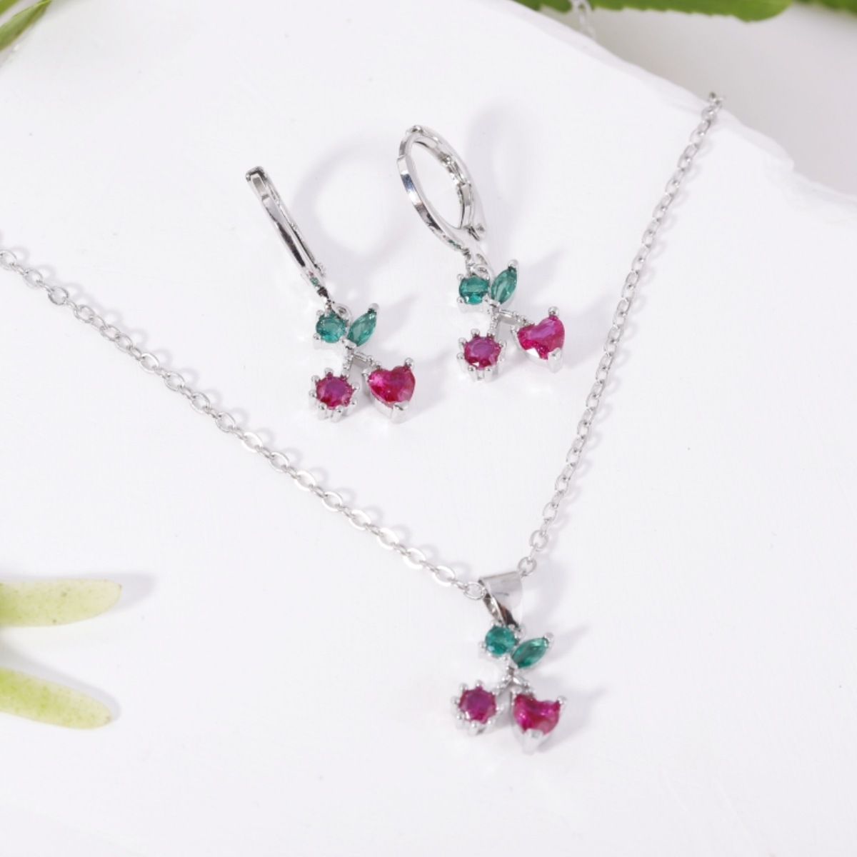 Fruit Earring Necklace Set Colorful CZ Zircon Earrings Grape Cherry Piercing Jewelry Gold detail image 30