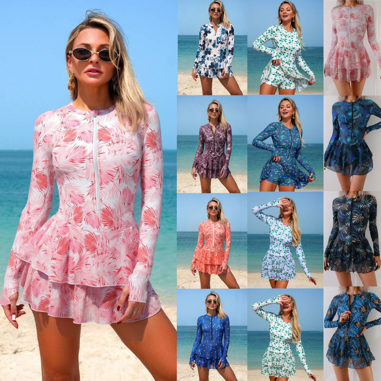 2026 European and American Cross-Border One-Piece Swimsuit Sun Protection Clothing Long-Sleeved Zipper Surfing Suit Women's Swimsuit Skirt Bikini
