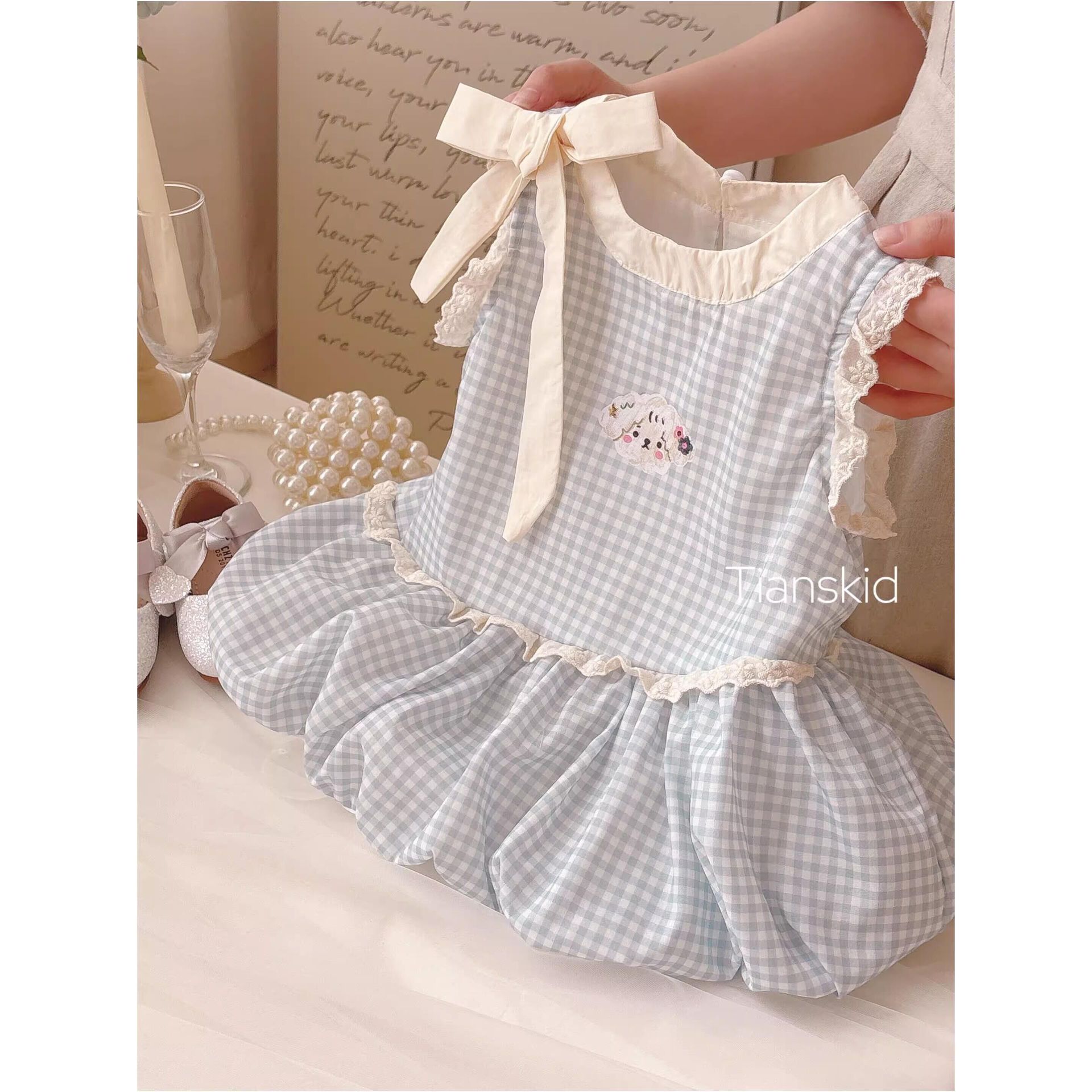 Vestido de siete niñas de limón salado verano dulce lazo azul y blanco a cuadros tesoro femenino lindo chaleco de botones vestido de princesa