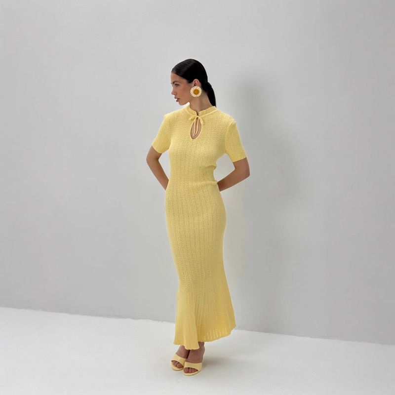 2025 Summer Ins Women's Clothing Candy Color Slim-fit dress Women's Summer Round Neck Short-sleeved Knitted Long Sweater Dress