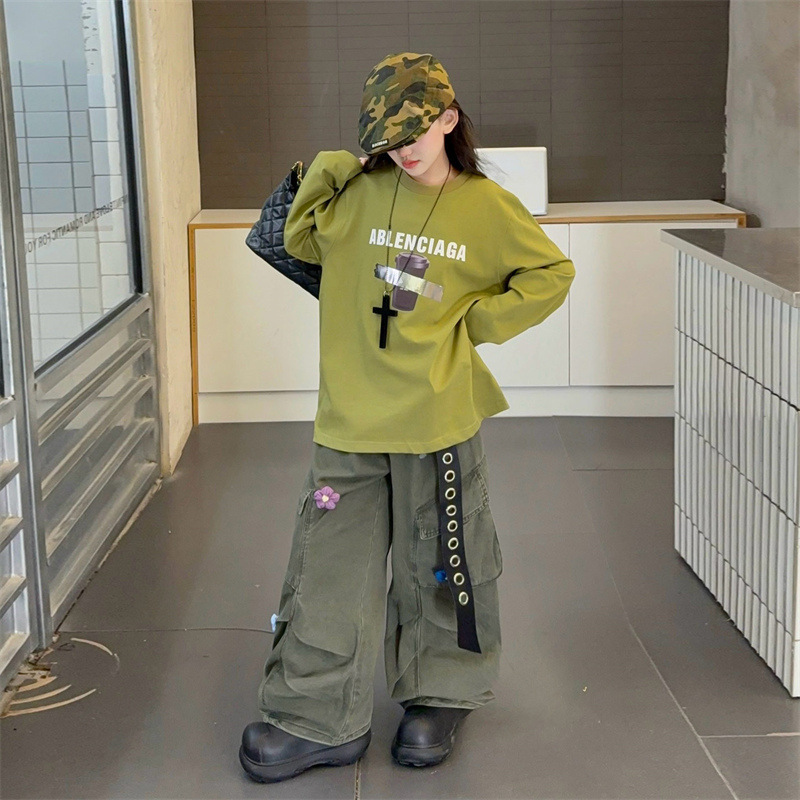 女童长袖t恤儿童秋装2025新款潮酷设计感美式毛巾绣工装裤两件套9|undefined