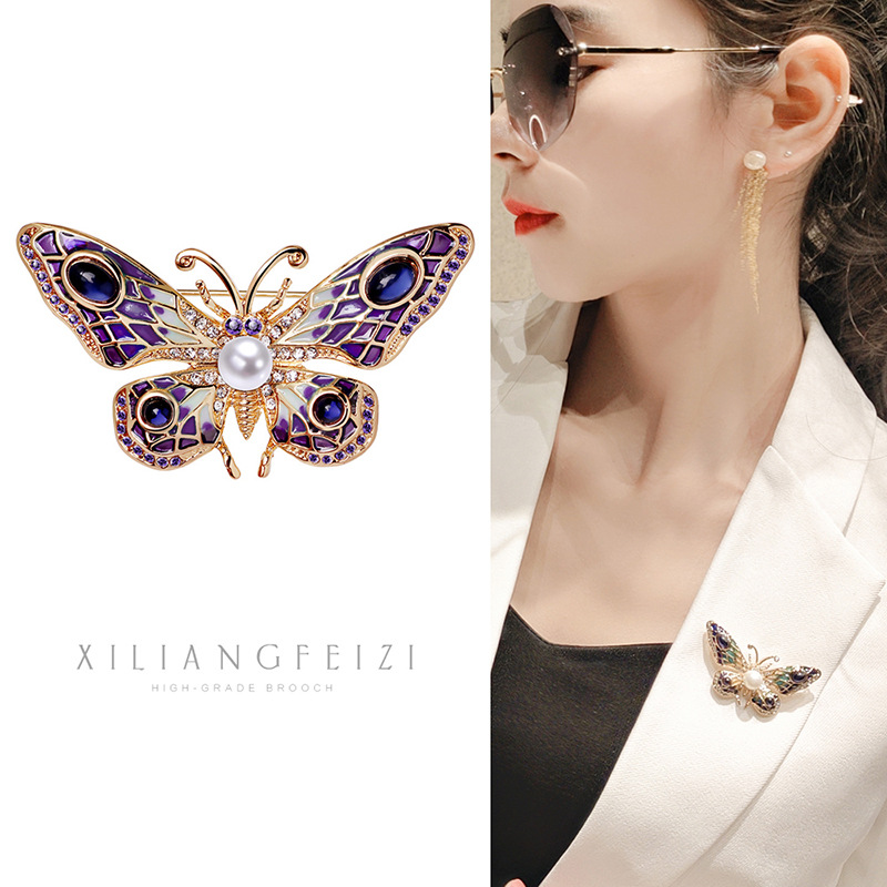 European and American enamel painted butterfly brooch, freshwater pearl opal pin, sweater chain dual use_voghion.com