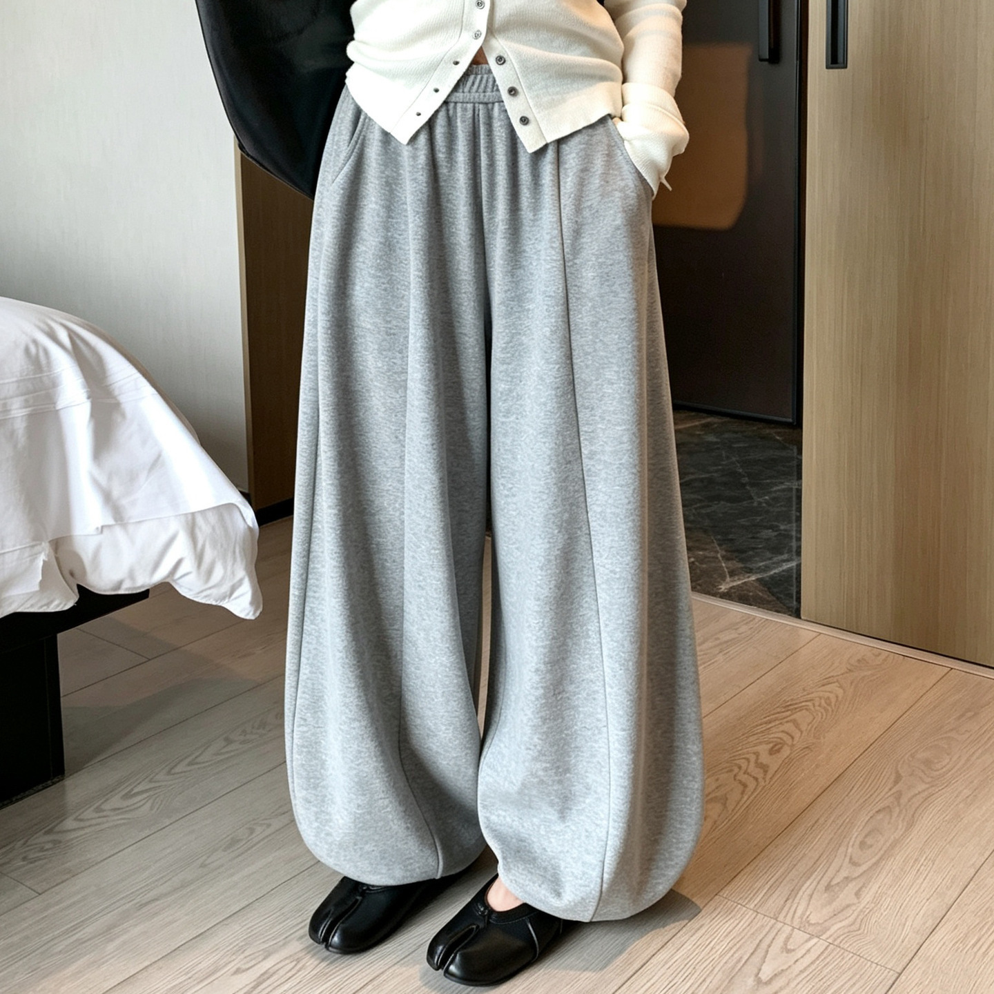 灰色九分灯笼裤女夏季2026新款小个子高腰宽松阔腿慵懒遛弯束脚裤
