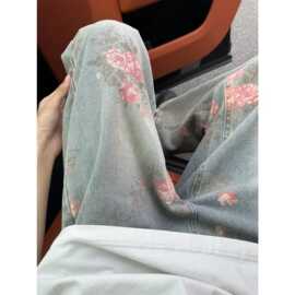 美式高街花卉破洞牛仔裤男款秋季宽松显瘦阔腿裤子玫瑰满印直筒裤