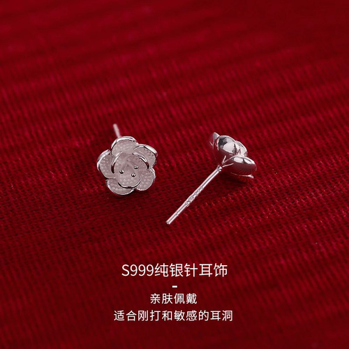 999 Pure Silver Camellia Flower Stud Earrings for Women, Unique Design, High-End Elegance,  New Arrival, Light Luxury, Instagram-Style Earrings
