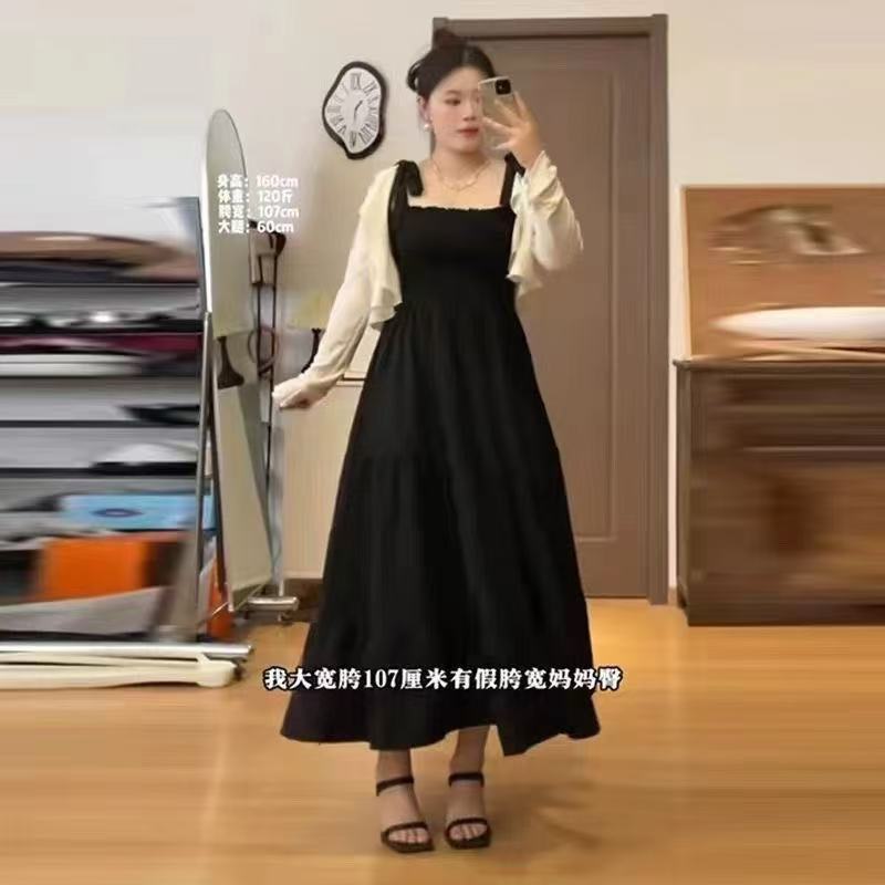 夏新款套装微胖mm大码赫本风设计感遮肉绑带吊带小黑裙+防晒开衫