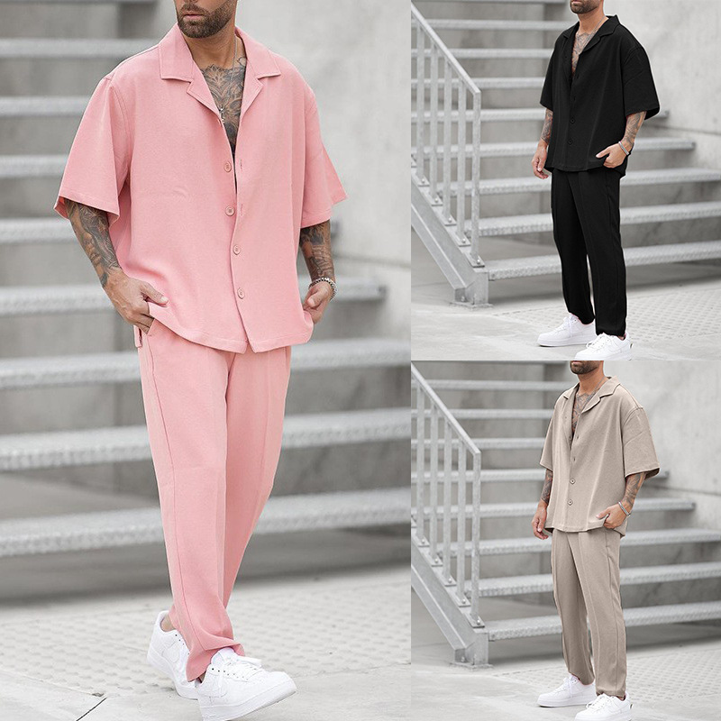 Summer Fashion Shirt and Casual Pants Two-Piece Set Hot-Selling Men's New Trendy Solid Color Men's Fashion Set Summer Fashion Shirt and Casual Pants Two-Piece Set Hot-Selling Men's New Trendy Solid Color Men's Fashion Set
