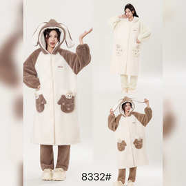 2025冬季新款珍纳丝雪花绒连帽长袖长裤套装可外穿女士家居服睡袍