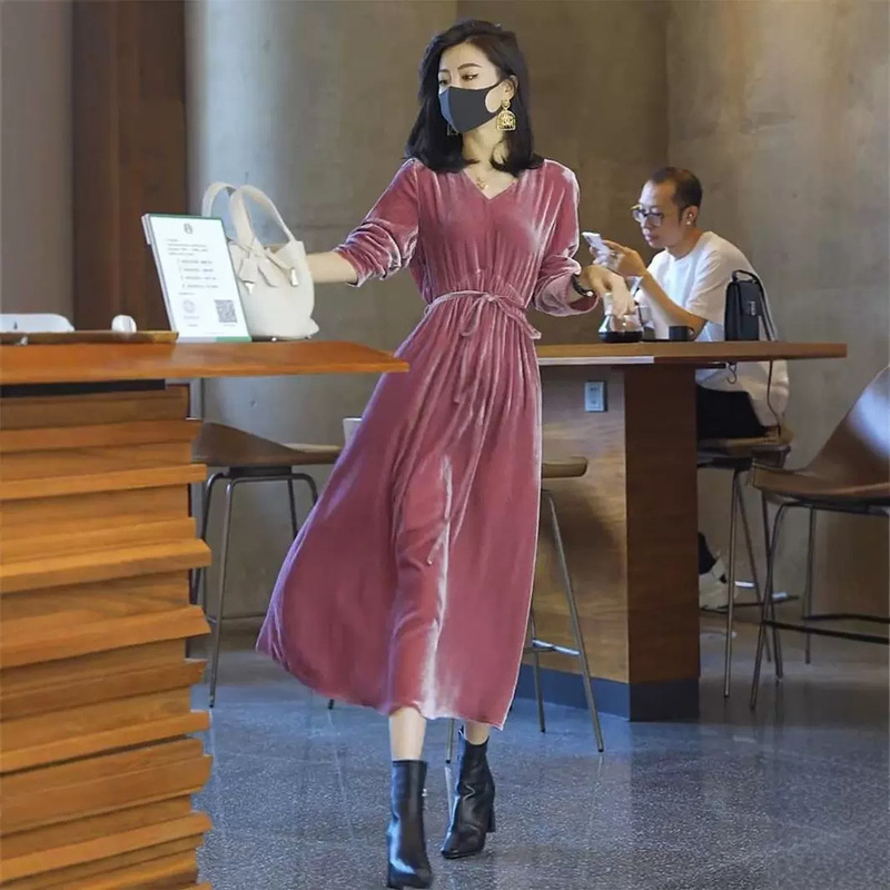 Cross-border 2024 Autumn Loose New Gold Velvet dress Long Slim-fit Elegant Long-sleeved plus size Autumn Dress Cross-border 2024 Autumn Loose New Gold Velvet dress Long Slim-fit Elegant Long-sleeved plus size Autumn Dress
