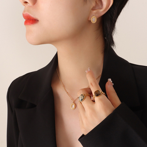French bohemian personality fashion retro turquoise cat's eye stone inlaid necklace earrings jewelry set wholesale for women