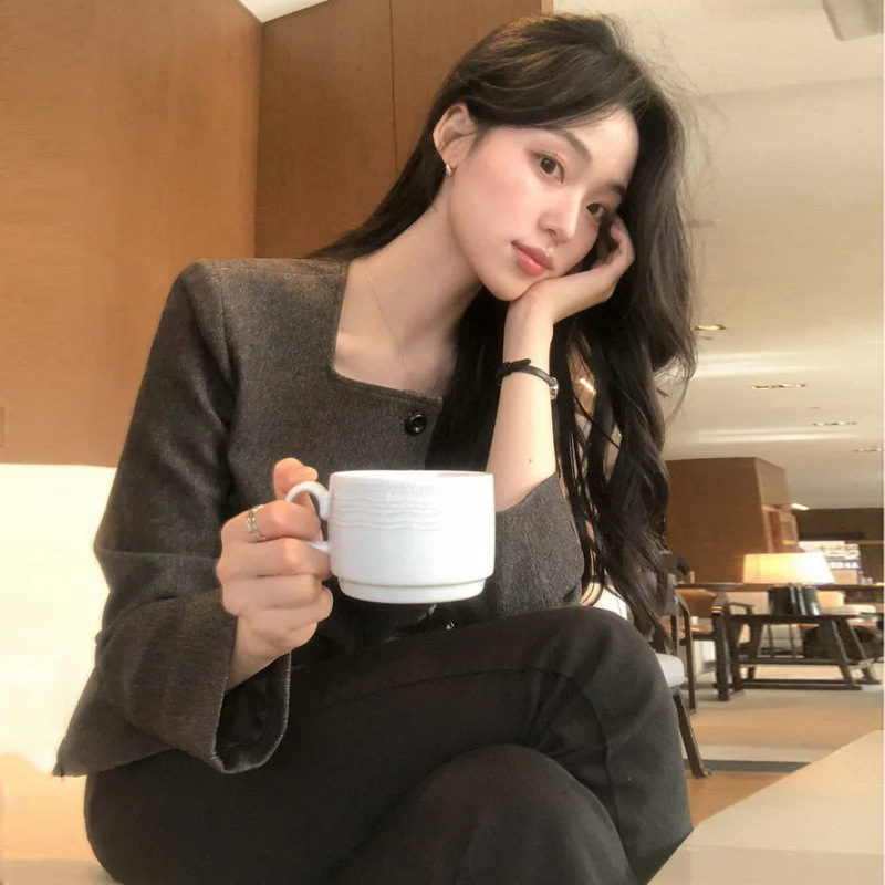 사이즈 업데이트 프렌치 스타일의 우아한 스퀘어 넥 오른쪽 어깨 싱글 브레스트 허리 슬리밍 쇼트 탑 재킷