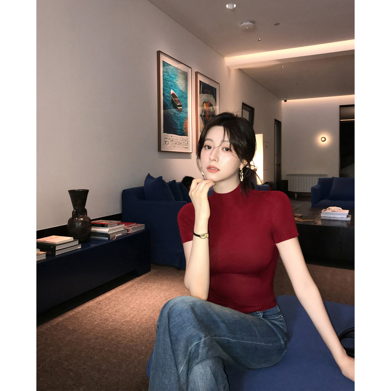 港米服饰/2025秋季18针精纺羊毛短袖半高领针织衫上衣女早秋新款|undefined