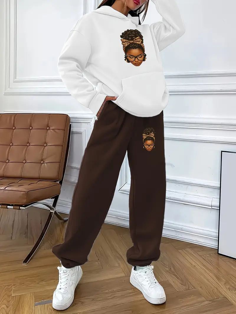 Ensemble sweat à capuche et jogging unisexe à imprimé géométrique pour femme - Pull décontracté tendance avec pantalon assorti (blanc/marron, blanc/vert)_voghion.com