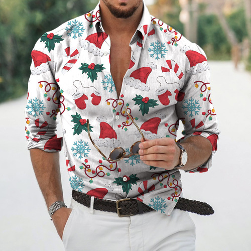 Bestselling 3D Long-Sleeve Christmas Series Long-Sleeve Shirt Hawaiian Loose Plus Size Autumn/Winter Men's Top