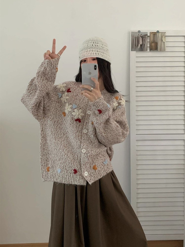 韩系甜美文艺小清新针织衫女2025秋冬新款慵懒风百搭宽松开衫毛衣|undefined